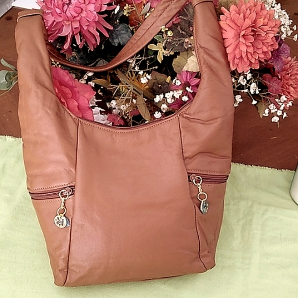 Genuine leather cow hide tan and gold metal zipper pulls